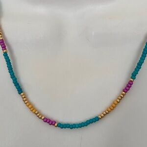 Bloom Turquoise blue and Gold Beaded Necklace seed bead